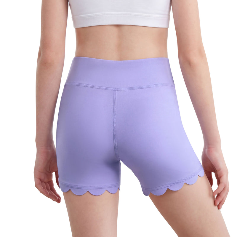 Girls High Waist Biker Shorts Scalloped Hem Workout Shorts with Hidden Pocket for 7-14Y