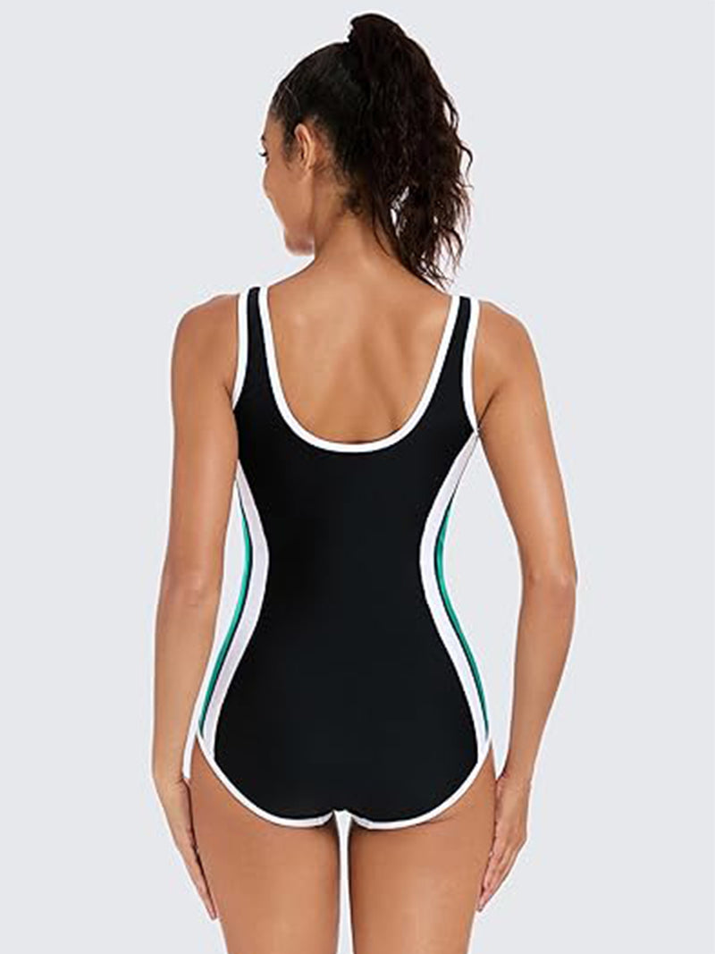 ANFERRY One Piece Athletic Swimsuit Women Slimming Color Block Bathing Suit Zipper Front U Back Training Swimwear for Women