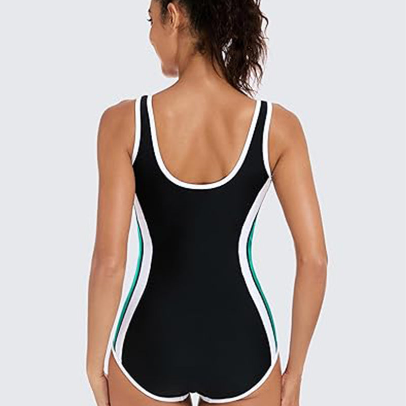 ANFERRY One Piece Athletic Swimsuit Women Slimming Color Block Bathing Suit Zipper Front U Back Training Swimwear for Women