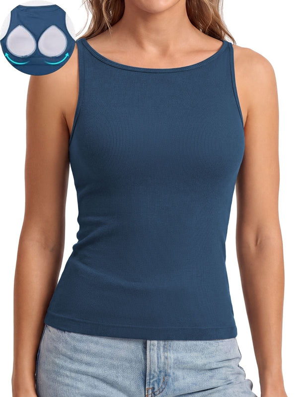 Anferry Women Ribbed Seamless Workout Tank Top with Built in Bra, Slim Fit Boat Neck Sports Vest for Yoga Pilates Running Casual Home Wear