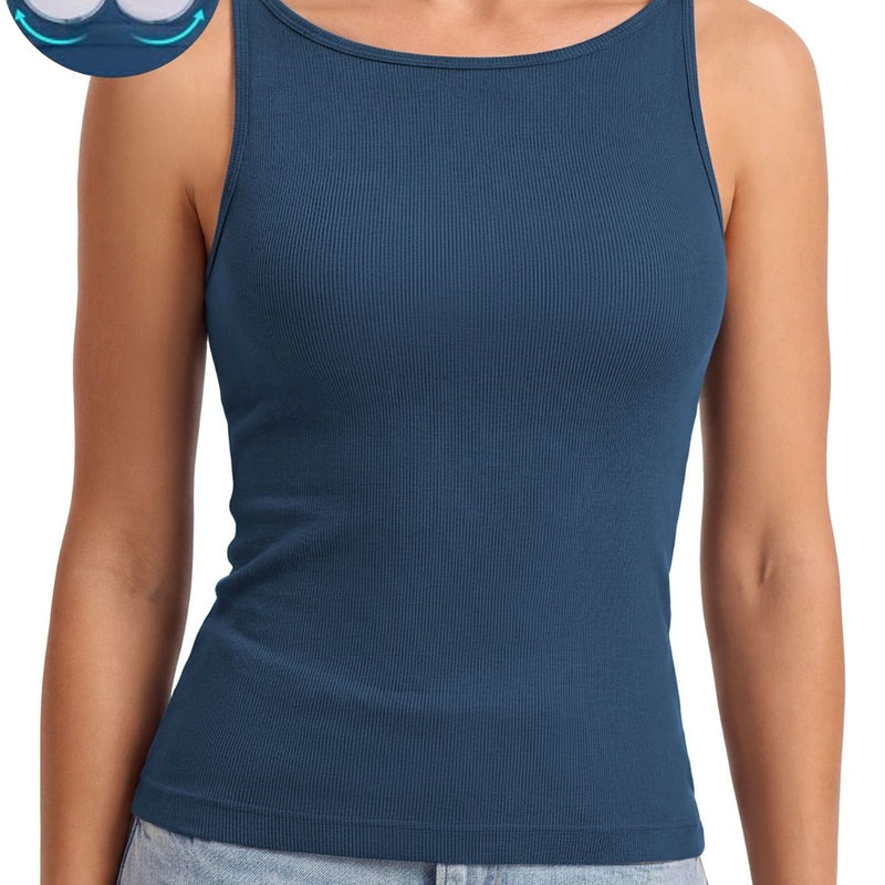 Anferry Women Ribbed Seamless Workout Tank Top with Built in Bra, Slim Fit Boat Neck Sports Vest for Yoga Pilates Running Casual Home Wear
