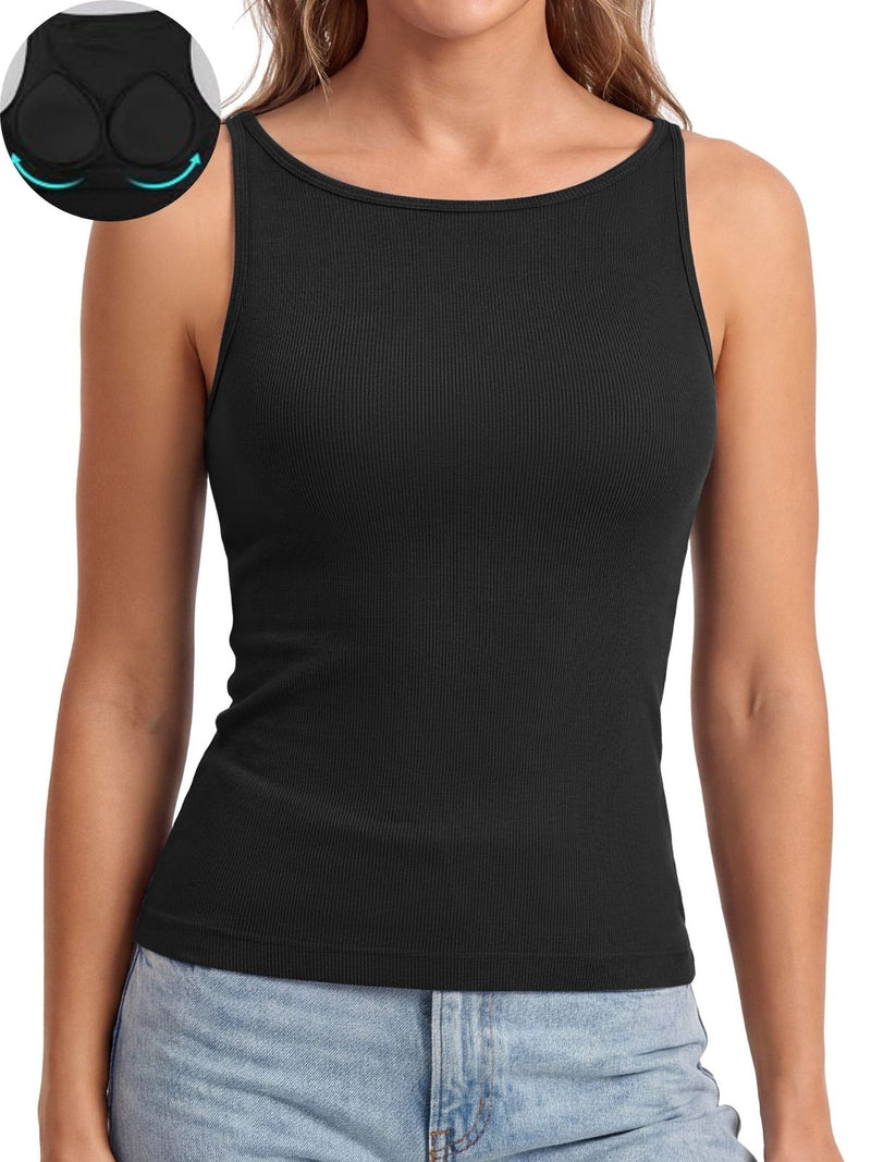 Anferry Women Ribbed Seamless Workout Tank Top with Built in Bra, Slim Fit Boat Neck Sports Vest for Yoga Pilates Running Casual Home Wear