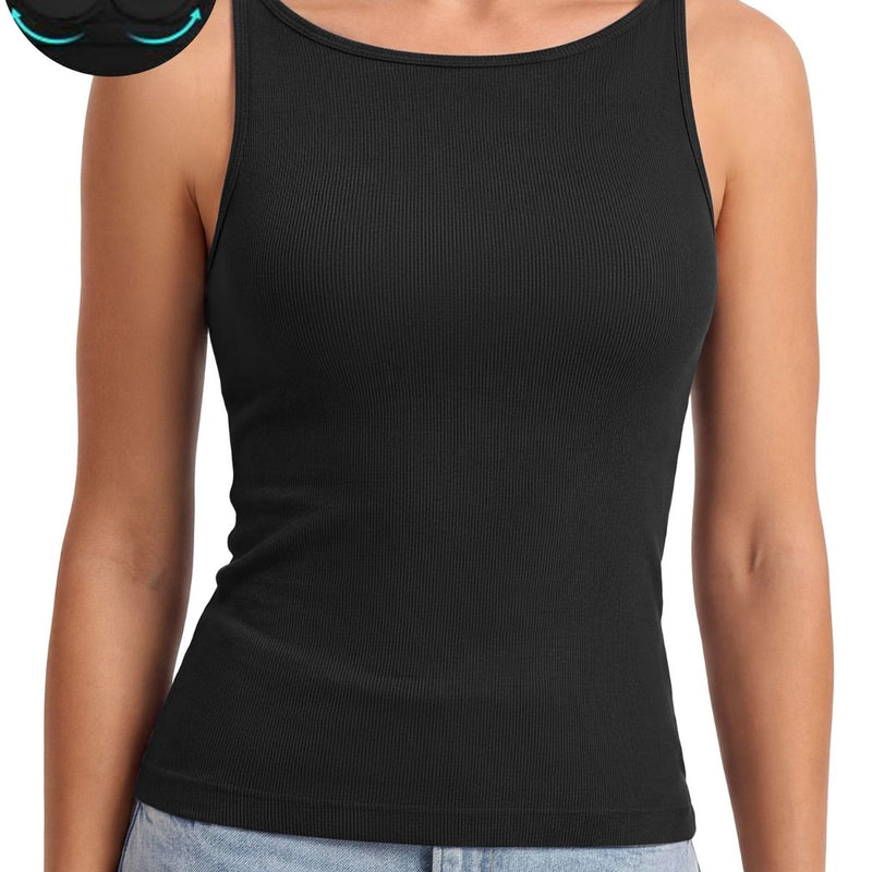 Anferry Women Ribbed Seamless Workout Tank Top with Built in Bra, Slim Fit Boat Neck Sports Vest for Yoga Pilates Running Casual Home Wear