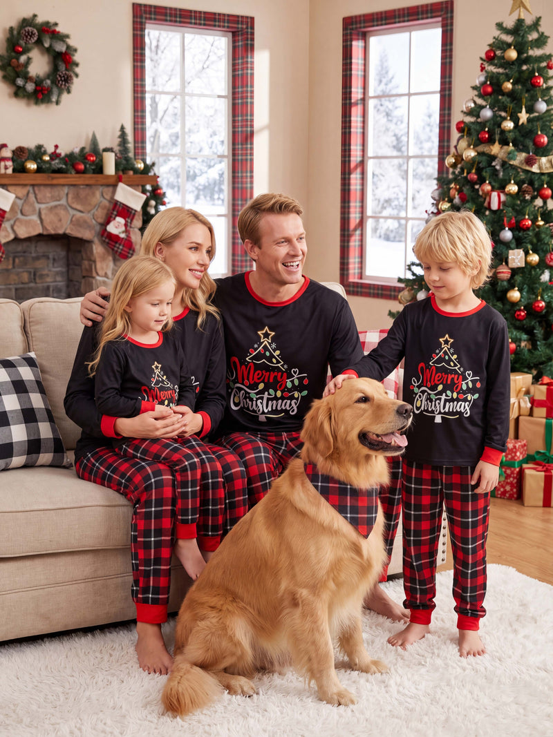 Beautyin Men Christmas Pajama Set, Xmas Tree & Letter Print Long Sleeve Tops and Pants Sleepwear, Family Matching Christmas Pajamas Set for Men