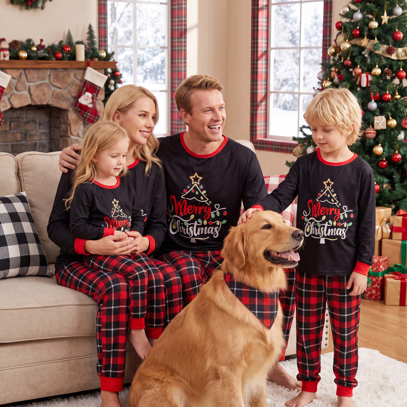 Beautyin Men Christmas Pajama Set, Xmas Tree & Letter Print Long Sleeve Tops and Pants Sleepwear, Family Matching Christmas Pajamas Set for Men