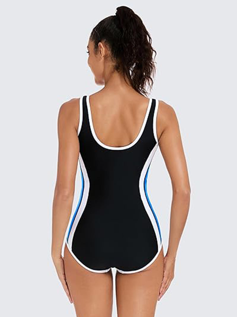 ANFERRY One Piece Athletic Swimsuit Women Slimming Color Block Bathing Suit Zipper Front U Back Training Swimwear for Women