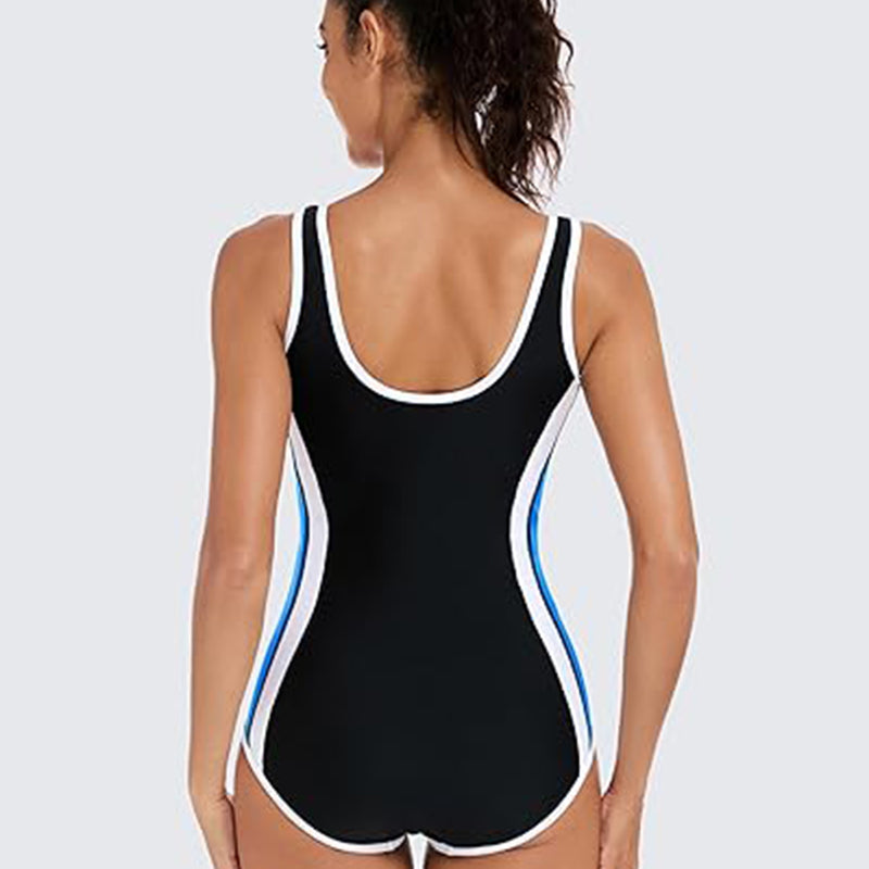 ANFERRY One Piece Athletic Swimsuit Women Slimming Color Block Bathing Suit Zipper Front U Back Training Swimwear for Women