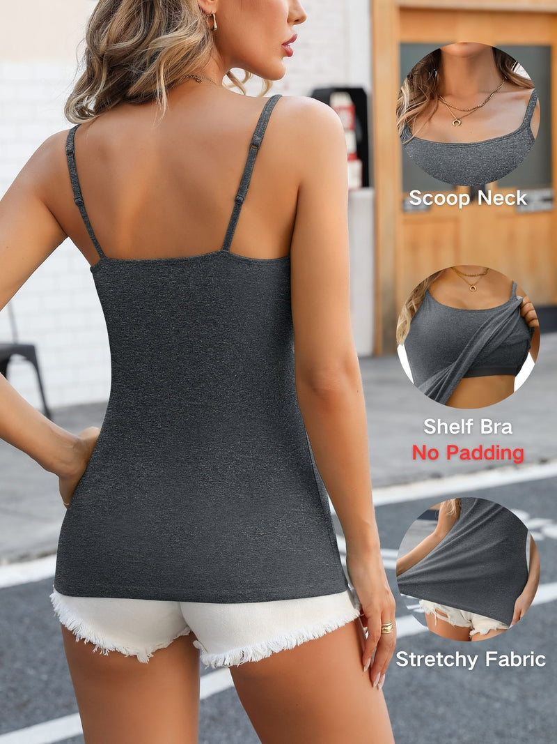ANFERRY Womens Cotton Camisoles with Shelf Bra Solid Basic Spaghetti Straps Tank Tops Camis Pack of 2