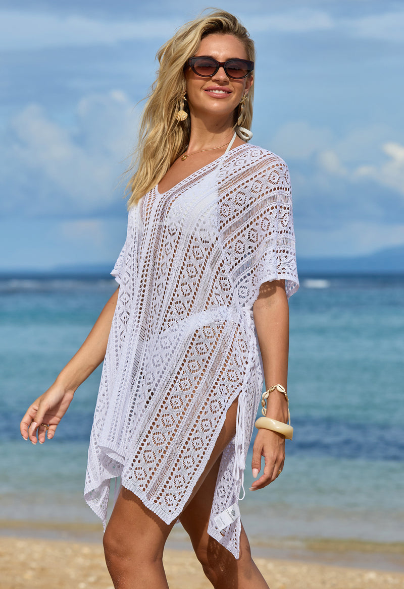 Crochet V-Neck Side Tie Beach Cover Up Dress