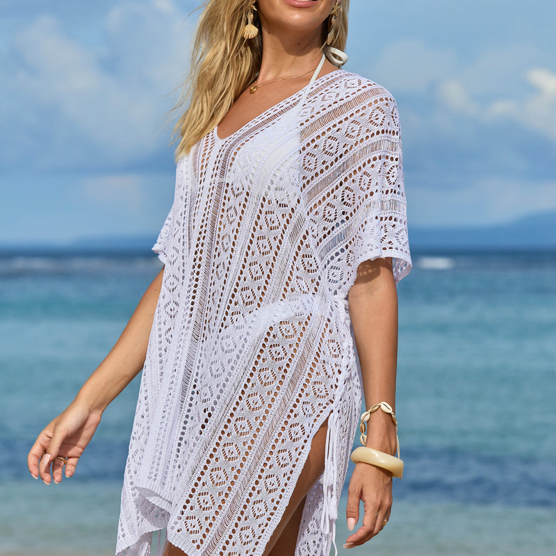 Crochet V-Neck Side Tie Beach Cover Up Dress