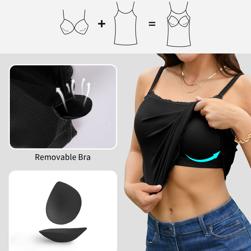 V FOR CITY Camisoles for Women with Built-in Bra Lace Trim Cami Adjustable Spaghetti Strap Lettuce Hem Ribbed Tank Top