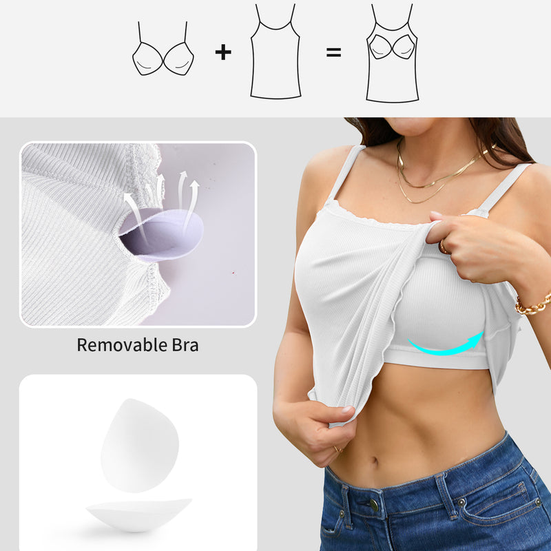 V FOR CITY Camisoles for Women with Built-in Bra Lace Trim Cami Adjustable Spaghetti Strap Lettuce Hem Ribbed Tank Top