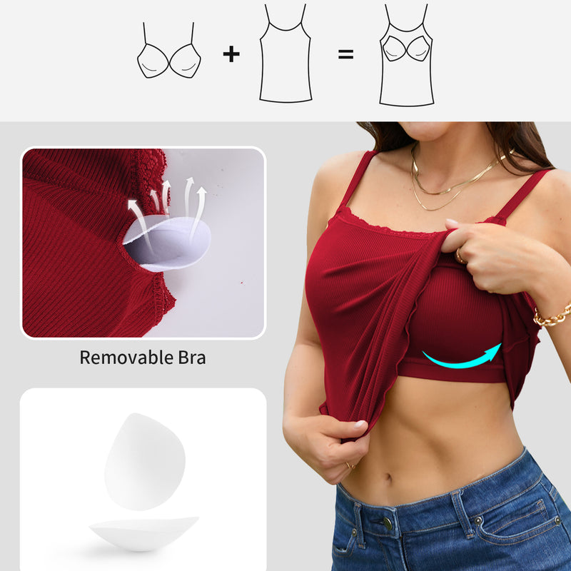 V FOR CITY Camisoles for Women with Built-in Bra Lace Trim Cami Adjustable Spaghetti Strap Lettuce Hem Ribbed Tank Top