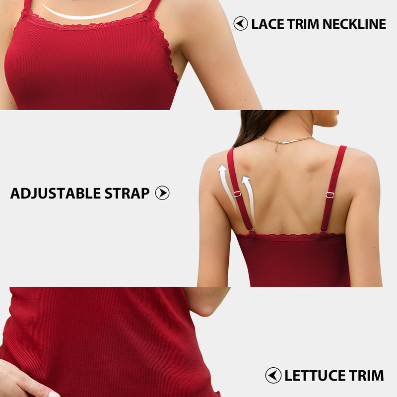 V FOR CITY Camisoles for Women with Built-in Bra Lace Trim Cami Adjustable Spaghetti Strap Lettuce Hem Ribbed Tank Top