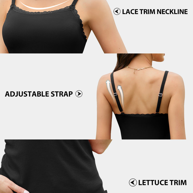 V FOR CITY Camisoles for Women with Built-in Bra Lace Trim Cami Adjustable Spaghetti Strap Lettuce Hem Ribbed Tank Top