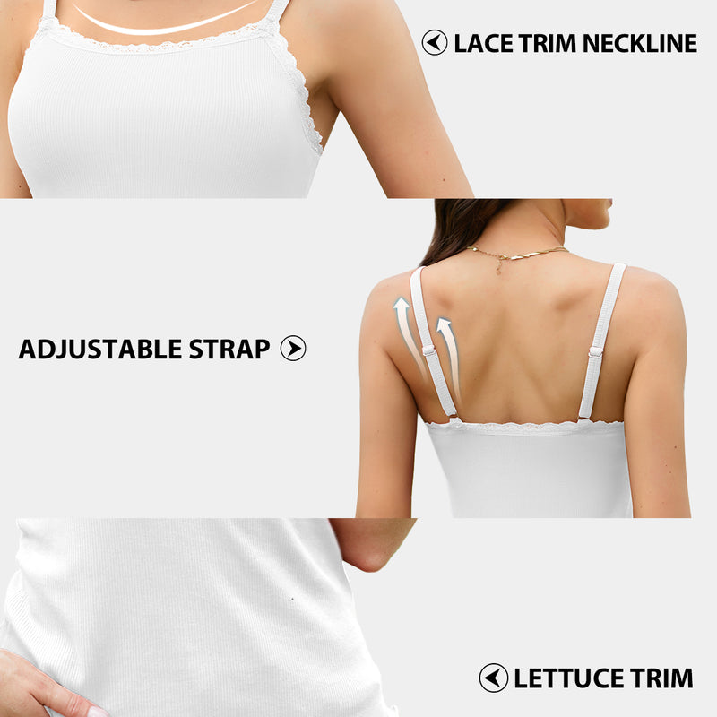 V FOR CITY Camisoles for Women with Built-in Bra Lace Trim Cami Adjustable Spaghetti Strap Lettuce Hem Ribbed Tank Top