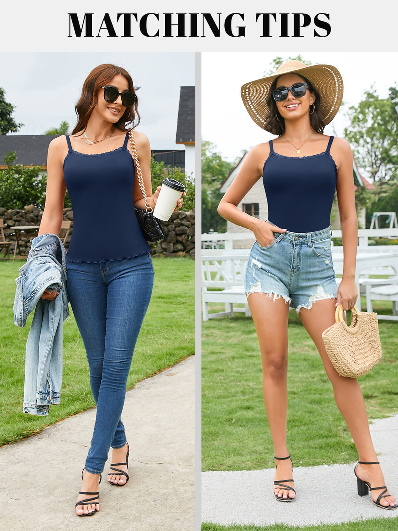 V FOR CITY Camisoles for Women with Built-in Bra Lace Trim Cami Adjustable Spaghetti Strap Lettuce Hem Ribbed Tank Top
