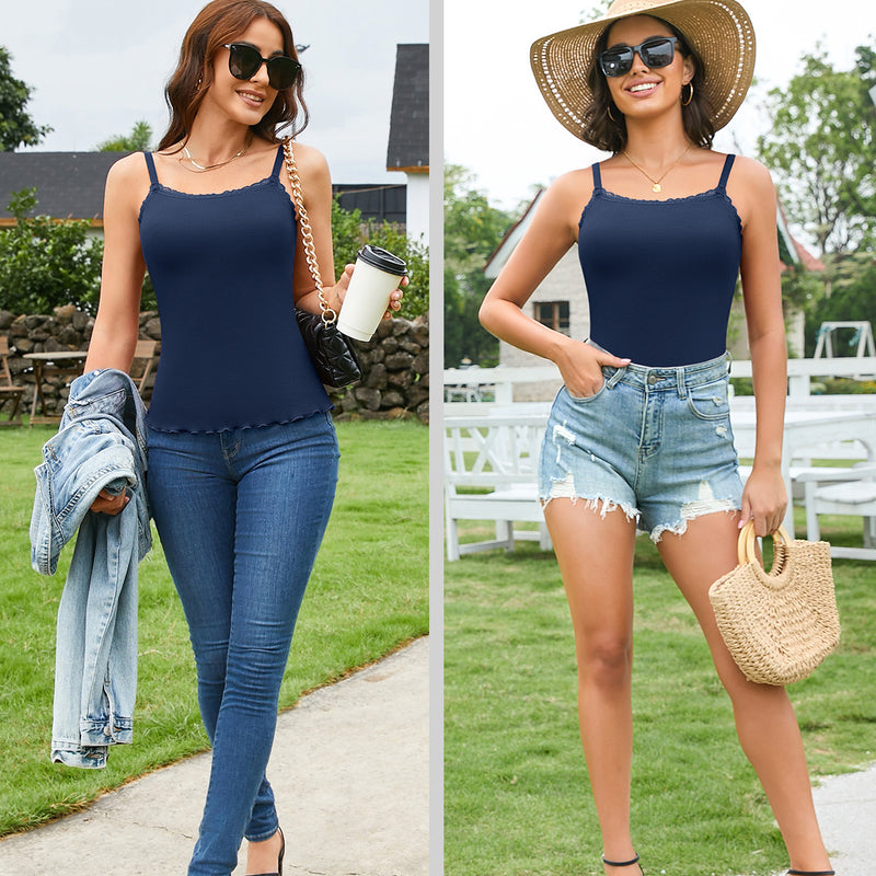 V FOR CITY Camisoles for Women with Built-in Bra Lace Trim Cami Adjustable Spaghetti Strap Lettuce Hem Ribbed Tank Top