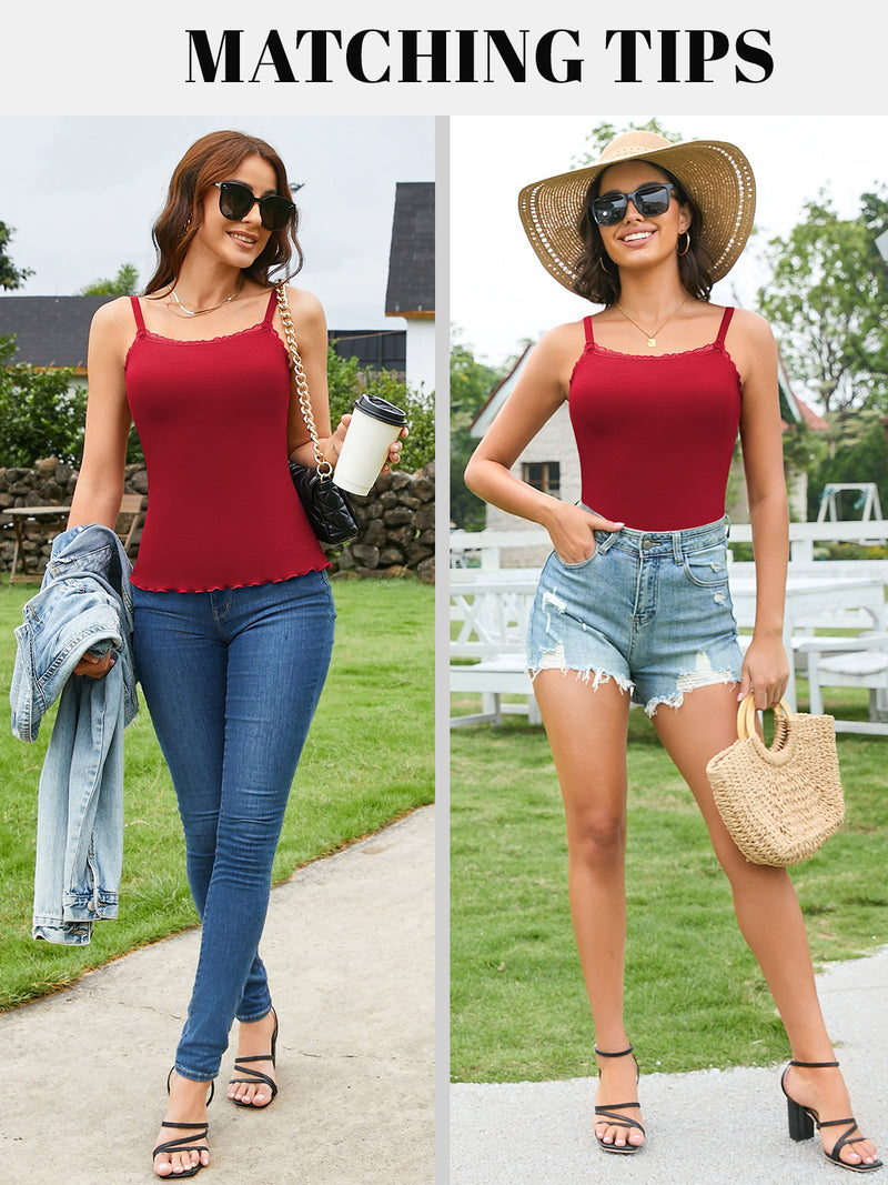 V FOR CITY Camisoles for Women with Built-in Bra Lace Trim Cami Adjustable Spaghetti Strap Lettuce Hem Ribbed Tank Top