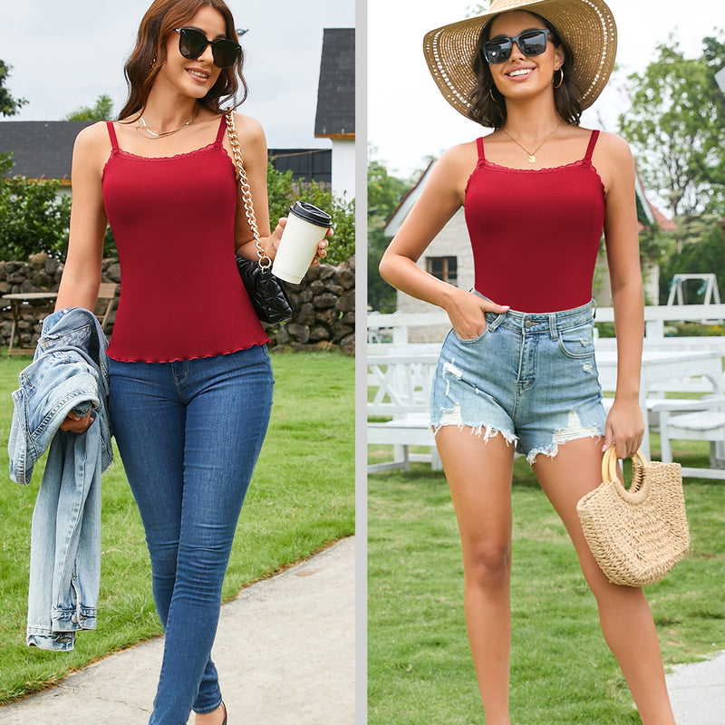 V FOR CITY Camisoles for Women with Built-in Bra Lace Trim Cami Adjustable Spaghetti Strap Lettuce Hem Ribbed Tank Top