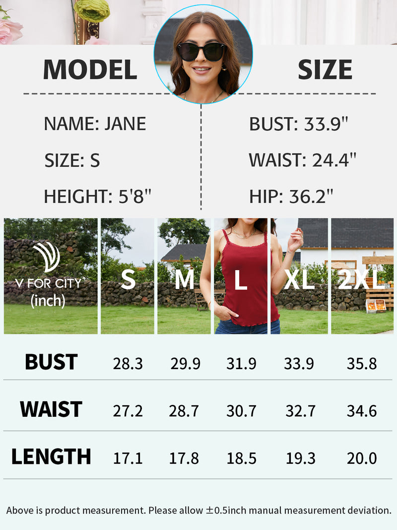 V FOR CITY Camisoles for Women with Built-in Bra Lace Trim Cami Adjustable Spaghetti Strap Lettuce Hem Ribbed Tank Top
