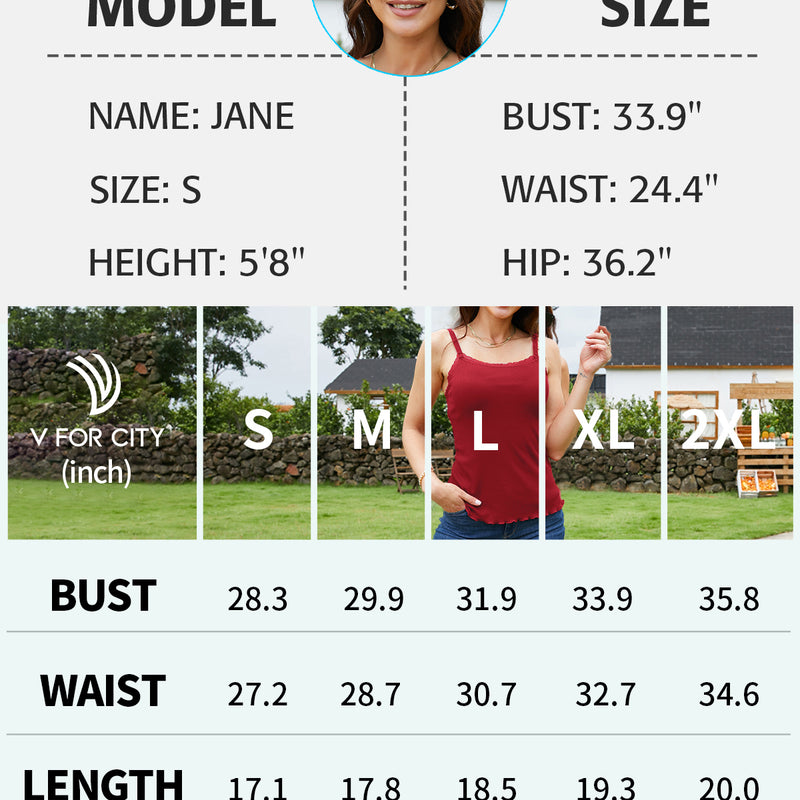 V FOR CITY Camisoles for Women with Built-in Bra Lace Trim Cami Adjustable Spaghetti Strap Lettuce Hem Ribbed Tank Top