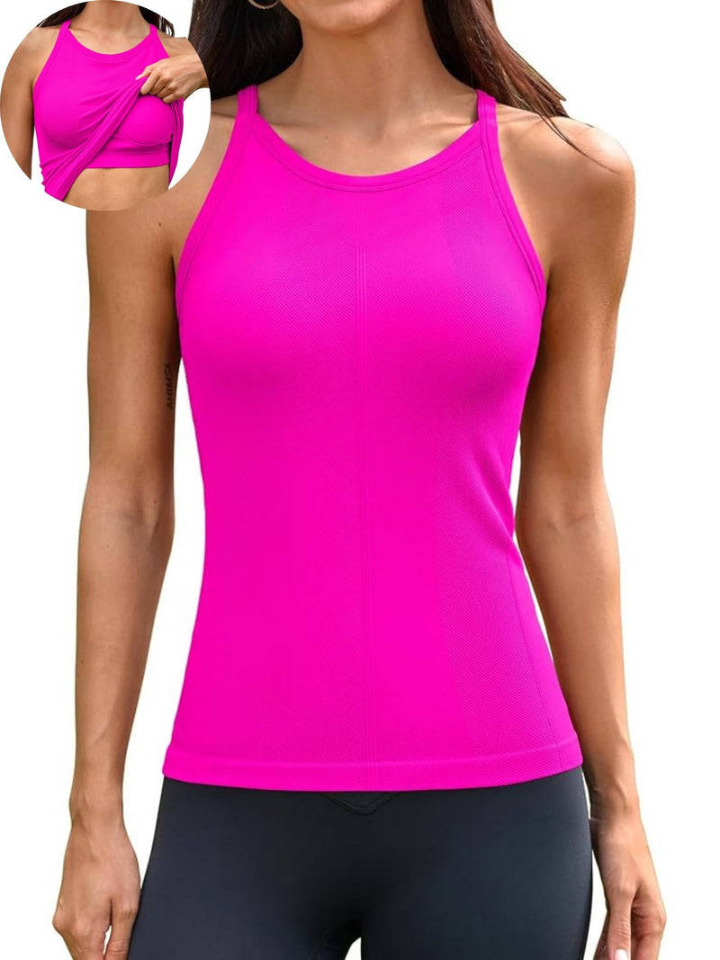 ANFERRY Women's Fitting Seamless Tank Tops Ribbed Crew Neck Racerback Workout Camisoles with Built in Bra