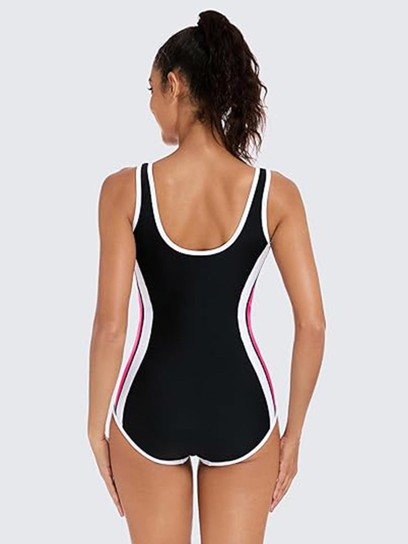 ANFERRY One Piece Athletic Swimsuit Women Slimming Color Block Bathing Suit Zipper Front U Back Training Swimwear for Women