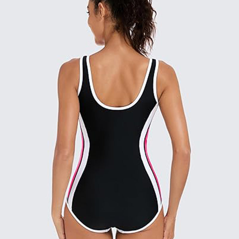 ANFERRY One Piece Athletic Swimsuit Women Slimming Color Block Bathing Suit Zipper Front U Back Training Swimwear for Women