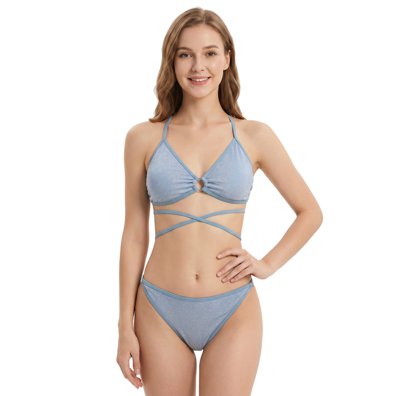 Women Shiny Crisscross Wrap Bikini 3 Piece Set
