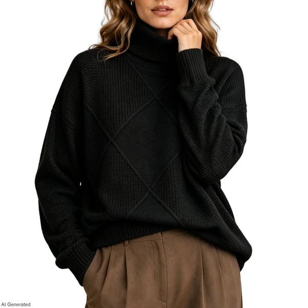 Women's Turtleneck Sweater Diamond Knit Long Sleeve Loose Pullover
