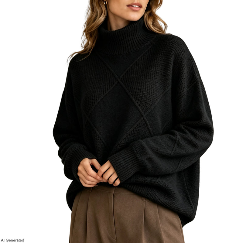 Women's Turtleneck Sweater Diamond Knit Long Sleeve Loose Pullover