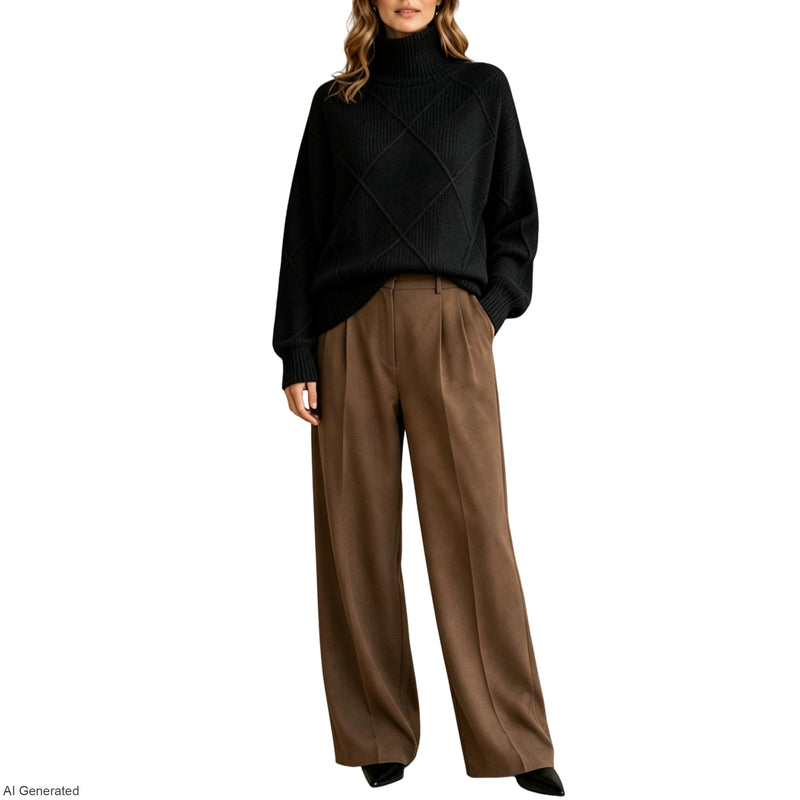 Women's Turtleneck Sweater Diamond Knit Long Sleeve Loose Pullover