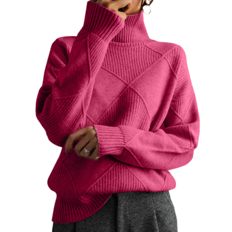 Women's Turtleneck Sweater Diamond Knit Long Sleeve Loose Pullover