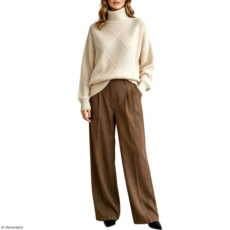 Women's Turtleneck Sweater Diamond Knit Long Sleeve Loose Pullover