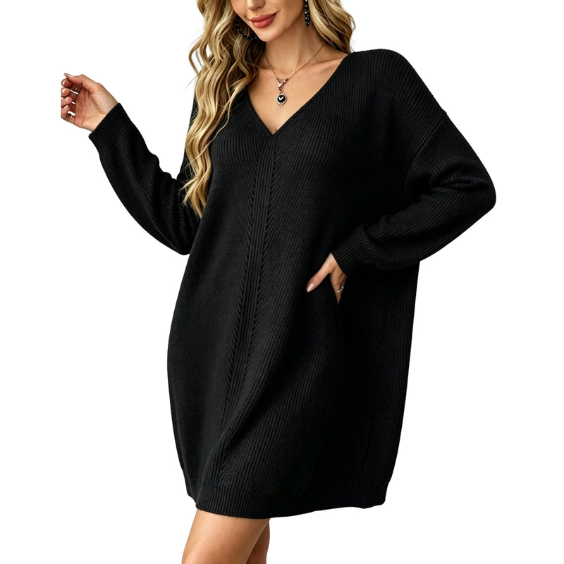 Women's V‑Neck Knit Sweater Dress Long Sleeve Loose Mini Pullover Dress