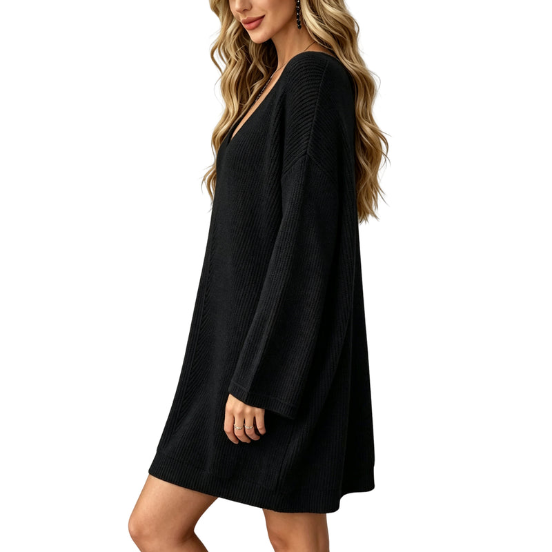 Women's V‑Neck Knit Sweater Dress Long Sleeve Loose Mini Pullover Dress