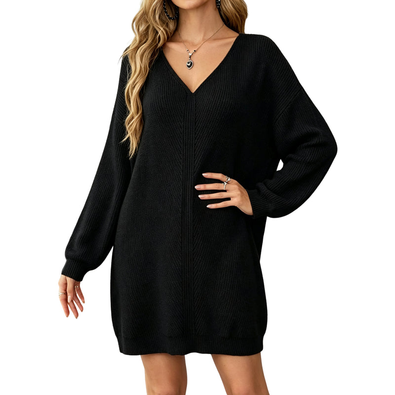 Women's V‑Neck Knit Sweater Dress Long Sleeve Loose Mini Pullover Dress