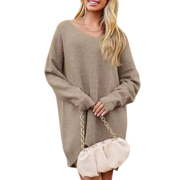 Women's V‑Neck Knit Sweater Dress Long Sleeve Loose Mini Pullover Dress