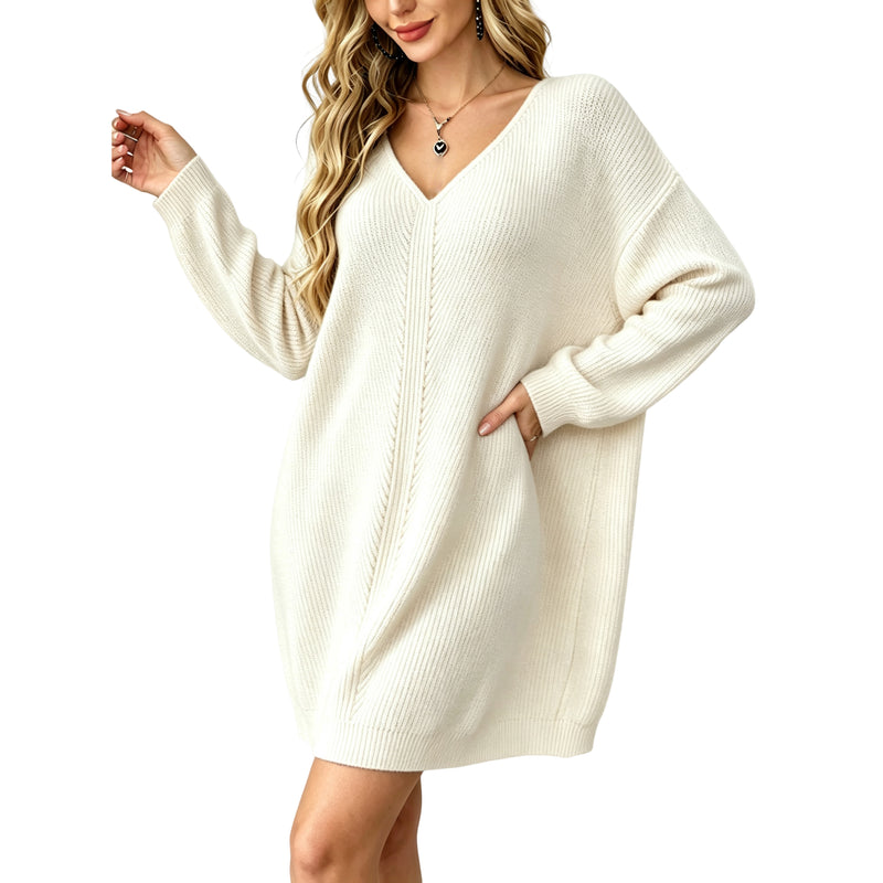 Women's V‑Neck Knit Sweater Dress Long Sleeve Loose Mini Pullover Dress