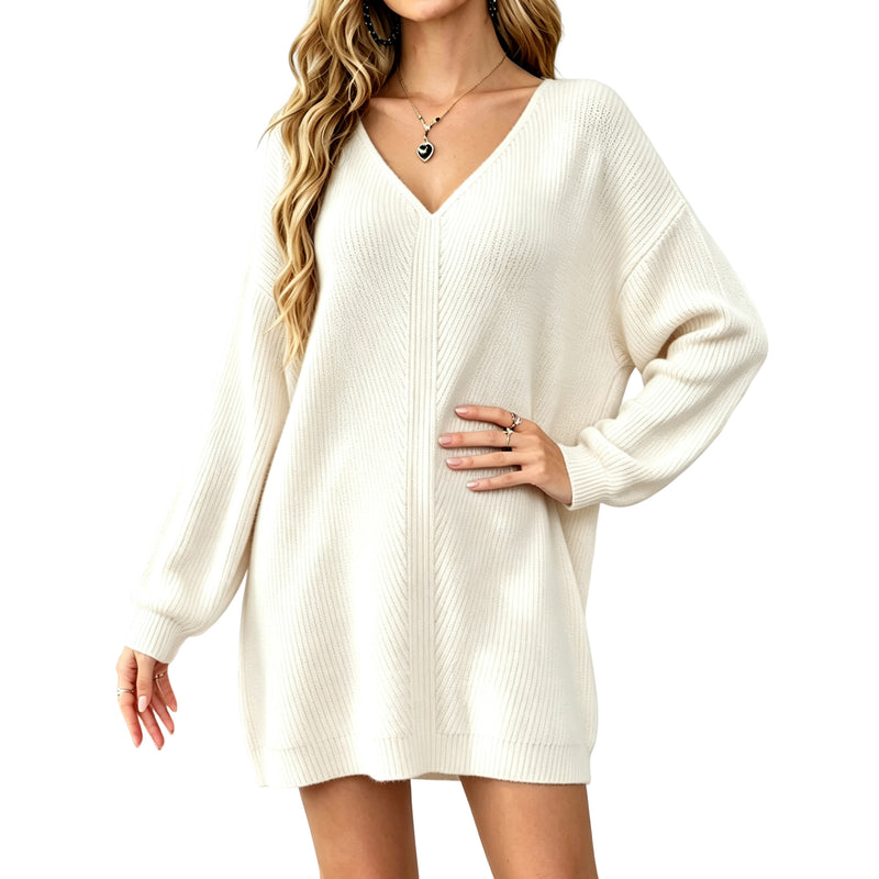 Women's V‑Neck Knit Sweater Dress Long Sleeve Loose Mini Pullover Dress