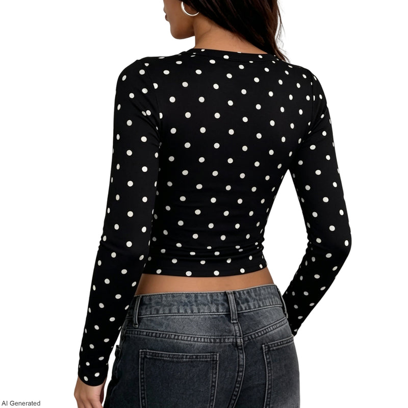Women's Polka Dot Long Sleeve Crop Top Crew Neck Fitted Casual Tee