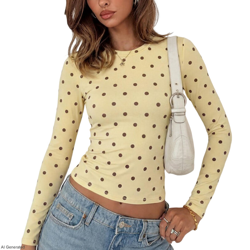 Women's Polka Dot Long Sleeve Crop Top Crew Neck Fitted Casual Tee