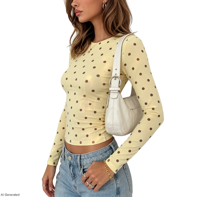 Women's Polka Dot Long Sleeve Crop Top Crew Neck Fitted Casual Tee