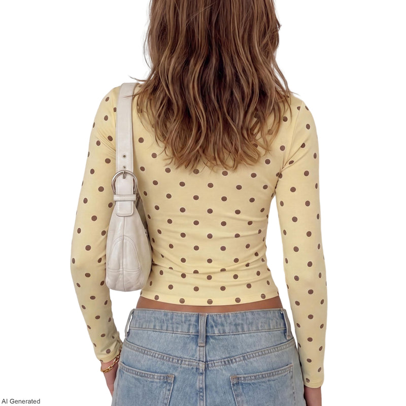 Women's Polka Dot Long Sleeve Crop Top Crew Neck Fitted Casual Tee