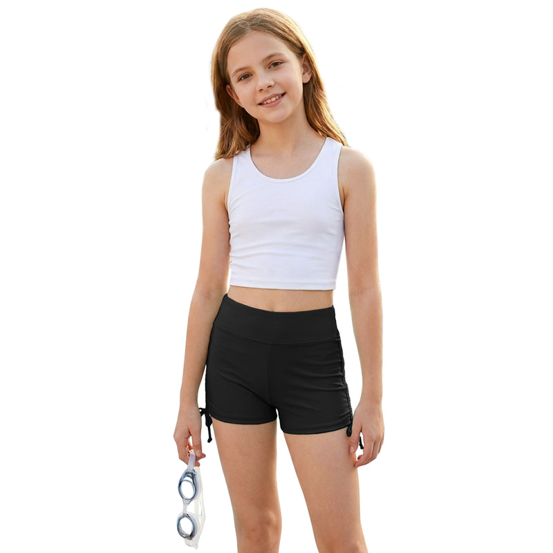 Girls 7-16Y High Waist Swim Shorts Side Drawstring Ruched Bathing Bottoms