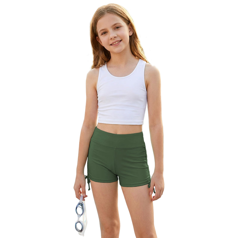 Girls 7-16Y High Waist Swim Shorts Side Drawstring Ruched Bathing Bottoms
