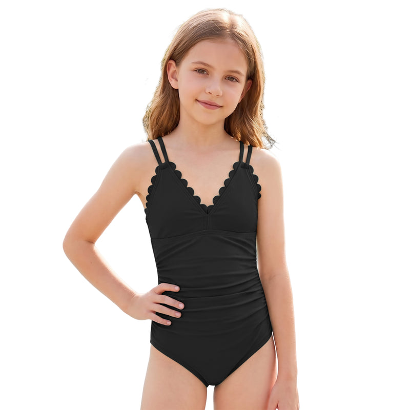 Girls 7-16Y Scallop Trim V Neck One Piece Swimsuit Double Spaghetti Straps Bathing Suit