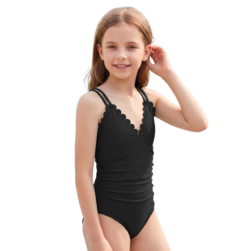 Girls 7-16Y Scallop Trim V Neck One Piece Swimsuit Double Spaghetti Straps Bathing Suit