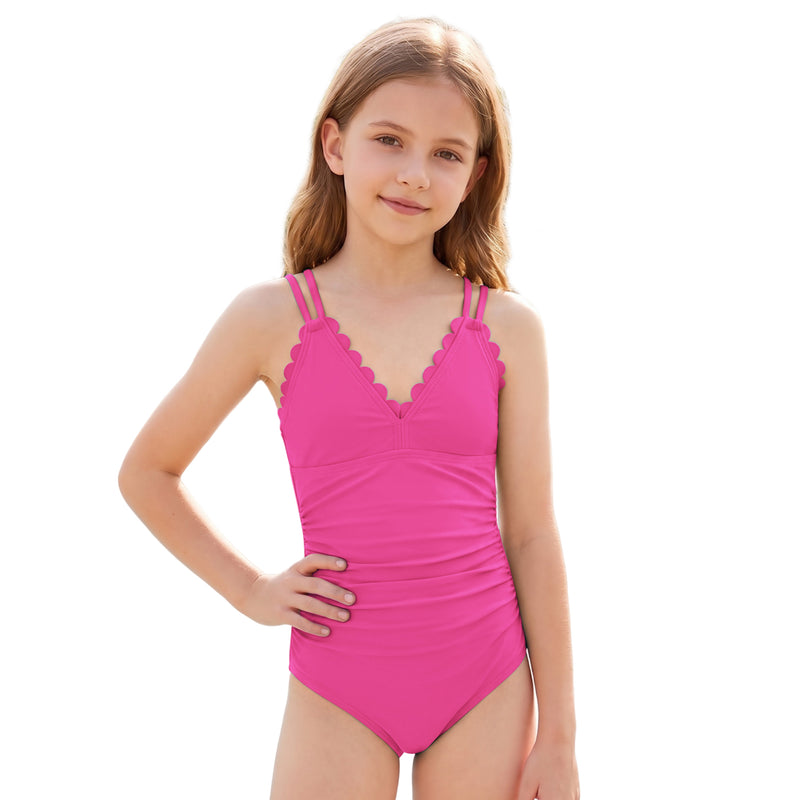 Girls 7-16Y Scallop Trim V Neck One Piece Swimsuit Double Spaghetti Straps Bathing Suit